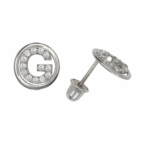 14K Solid White Gold 8mm Letter Initial Halo CZ Stud Alphabet Earrings - Picture 7 of 16